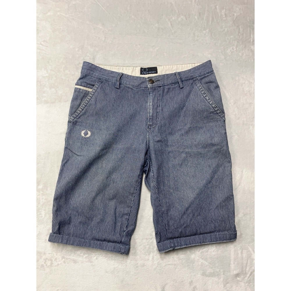 Vintage Fred Perry Shorts Mens 33‎ (Fits 32) Blue Hickory Stripe Railroad Y2K